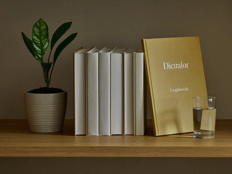 Illustration einer Leseecke mit Regal, Wörterbuch, Wasserglas und kleiner Zimmerpflanze