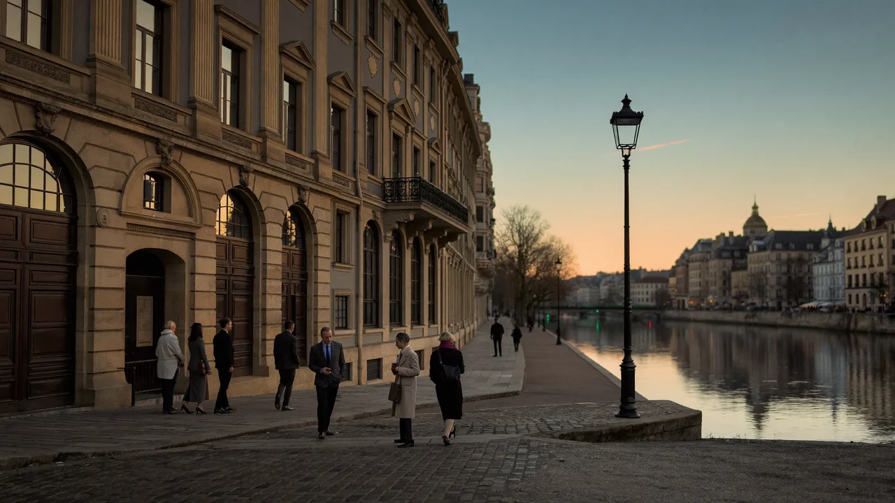 Illustration einer historischen Zürcher Gasse an der Limmat im Abendlicht mit Passanten