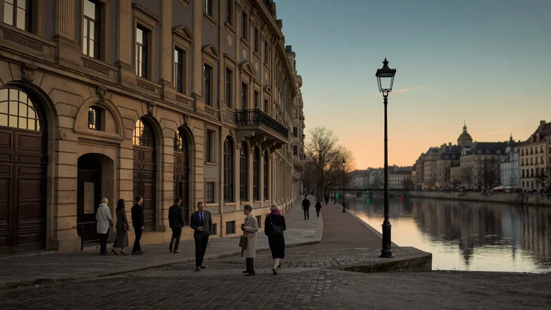 Illustration einer historischen Zürcher Gasse an der Limmat im Abendlicht mit Passanten